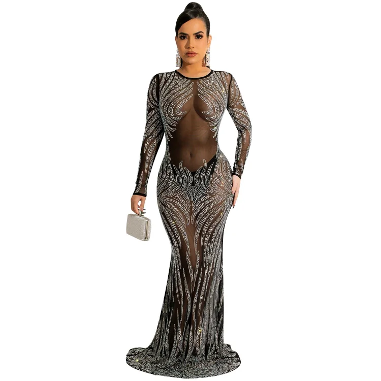 Sexy see through mesh rhinestone floor-length dress