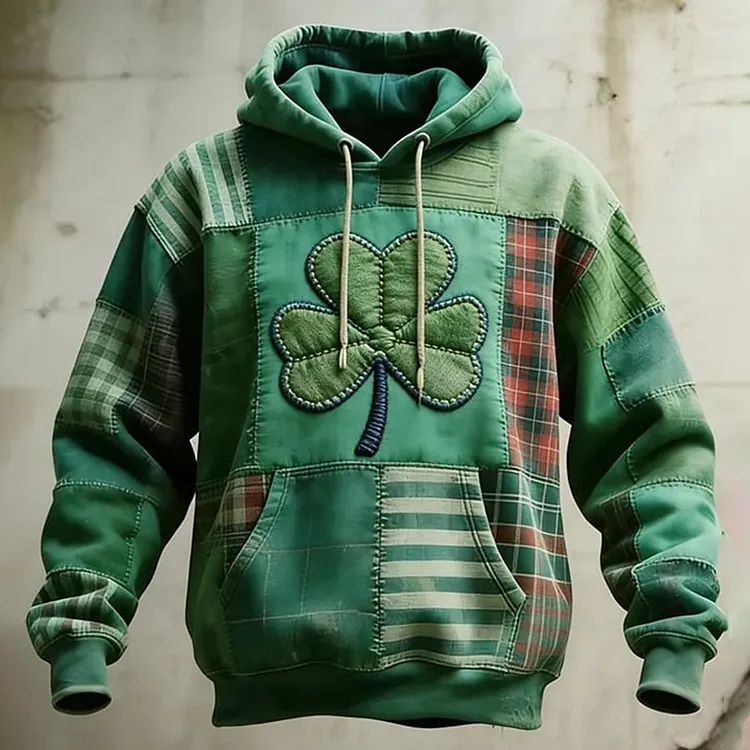 Men's Casual St. Patrick's Day Shamrock Patchwork Print Hoodie