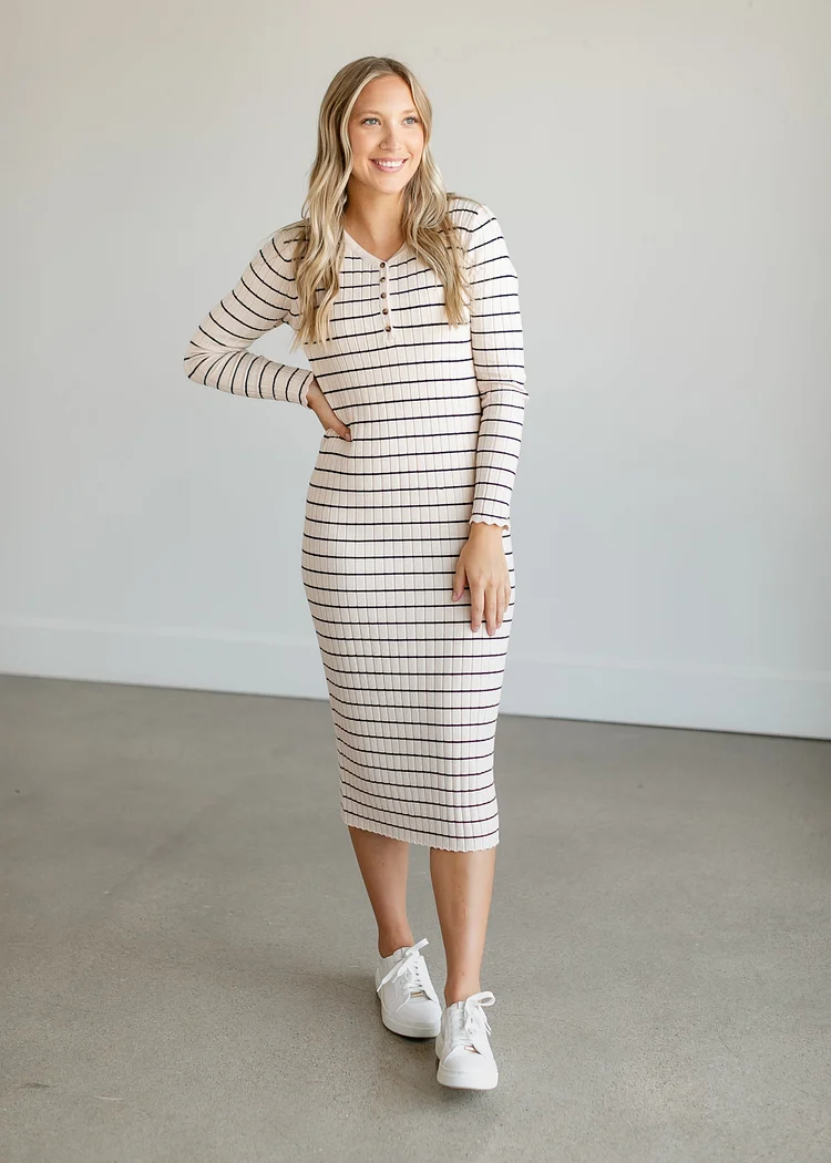 Quarter Button Striped Knit Midi Dress