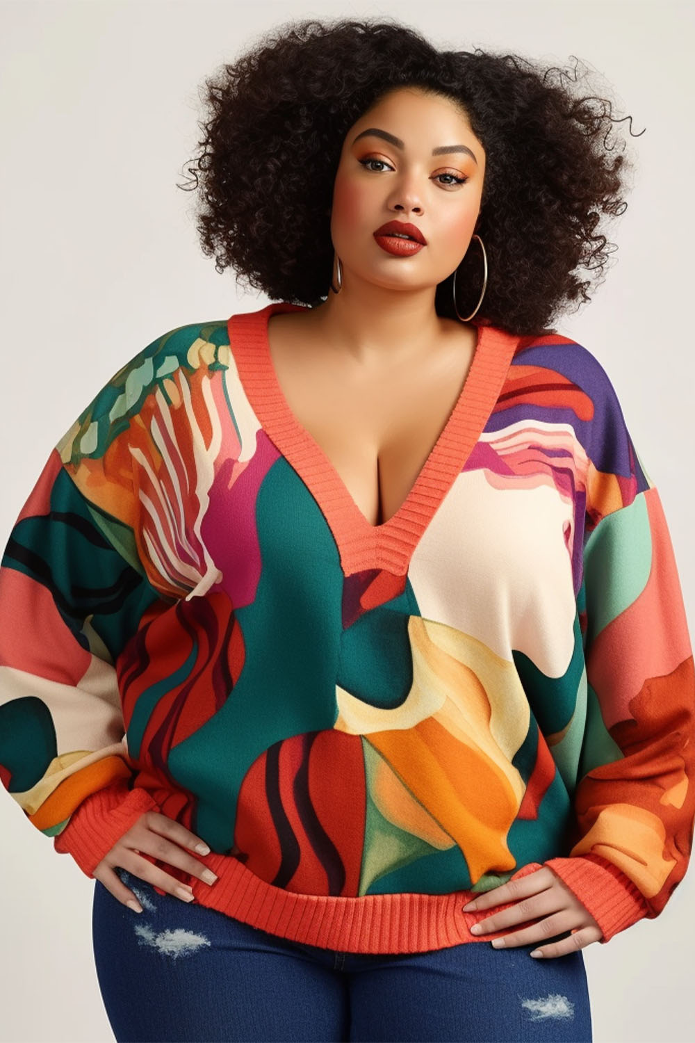 Design Plus Size Daily Sweaters Ugly Christmas Sweater V Neck All Over Print Long Sleeve Knitted Sweaters
