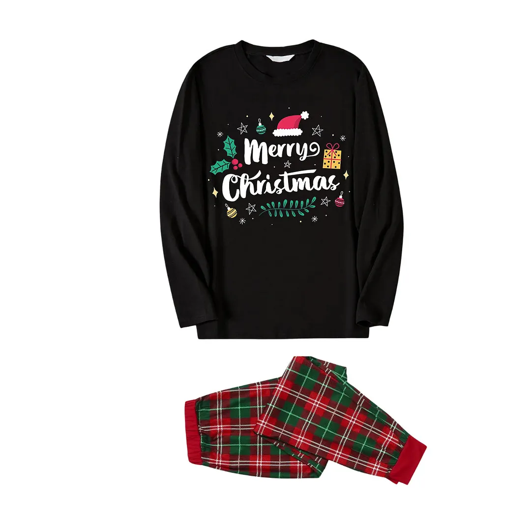 "Merry Christmas" With  Baubles - Black Long Sleeves with Green&Red&White Plaid Pants Family Matching Pajamas