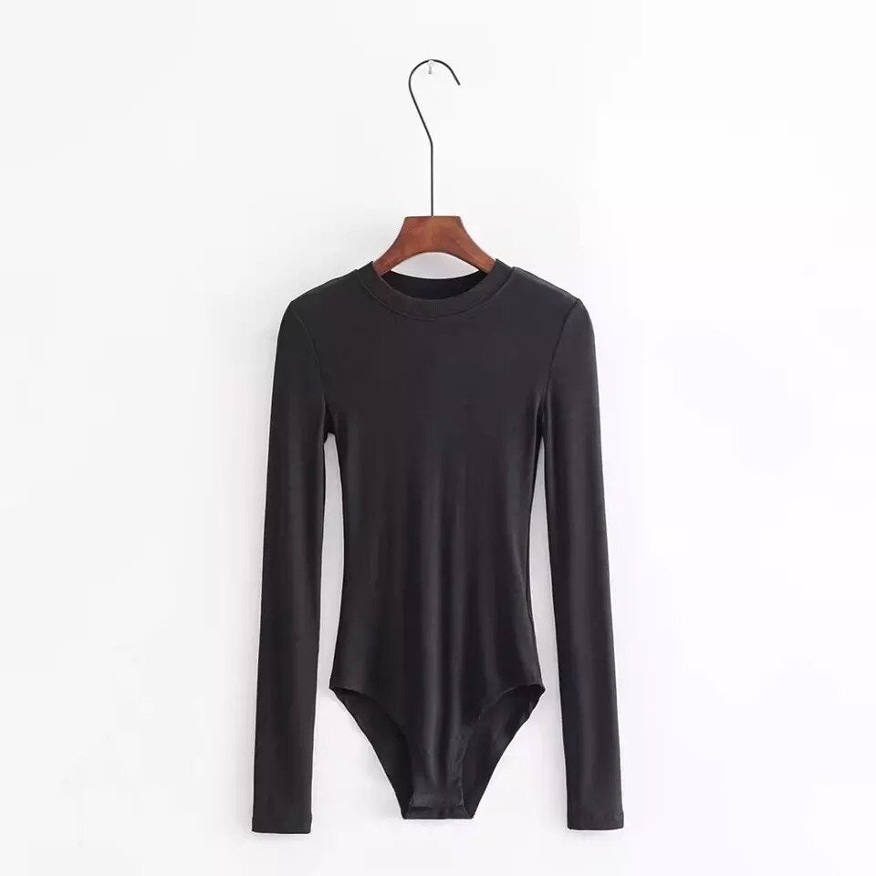Autumn and winter Sexy round neck long sleeve bodysuit solid color ...