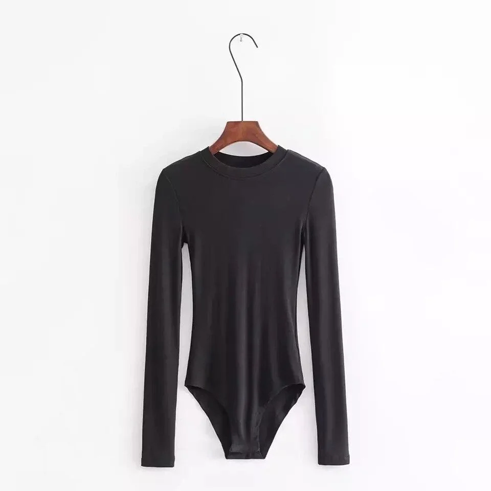 Autumn and winter Sexy round neck long sleeve bodysuit solid color threaded cotton t-shirt Slim all-match elastic bodysuit ins