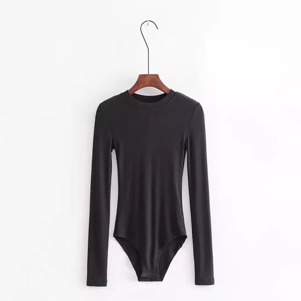 Autumn and winter Sexy round neck long sleeve bodysuit solid color threaded cotton t-shirt Slim all-match elastic bodysuit ins