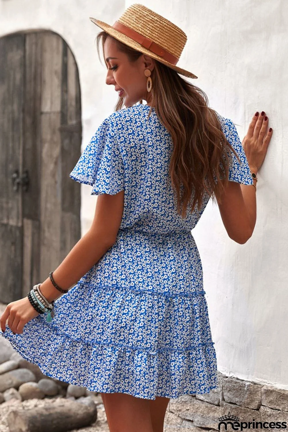 Cute Blue V Neck Short Sleeve Layered Ruffled Floral Dress