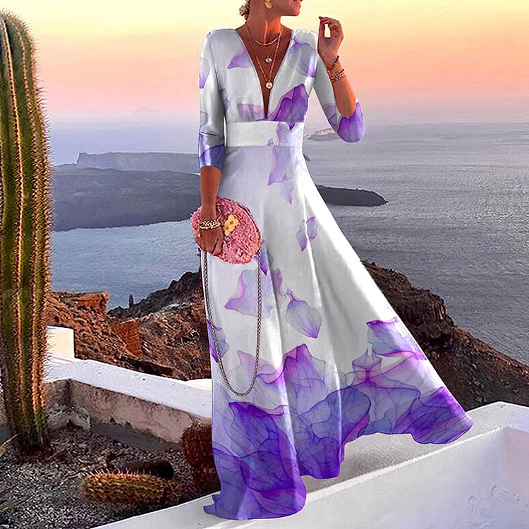V Neck Long Sleeve Purple Print Maxi Dress