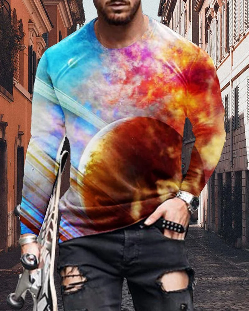 Men's Fashion Colourful Planet Printing Long-sleeved T-shirt