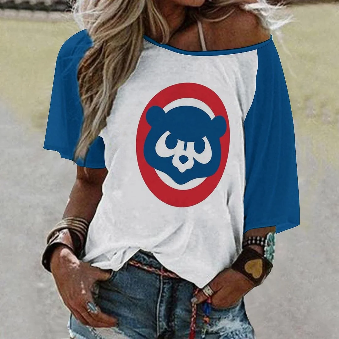 Shoulder Off  Loose Short Sleeve Casual T-shirt for Women Printed with Pattern,Blue,Red