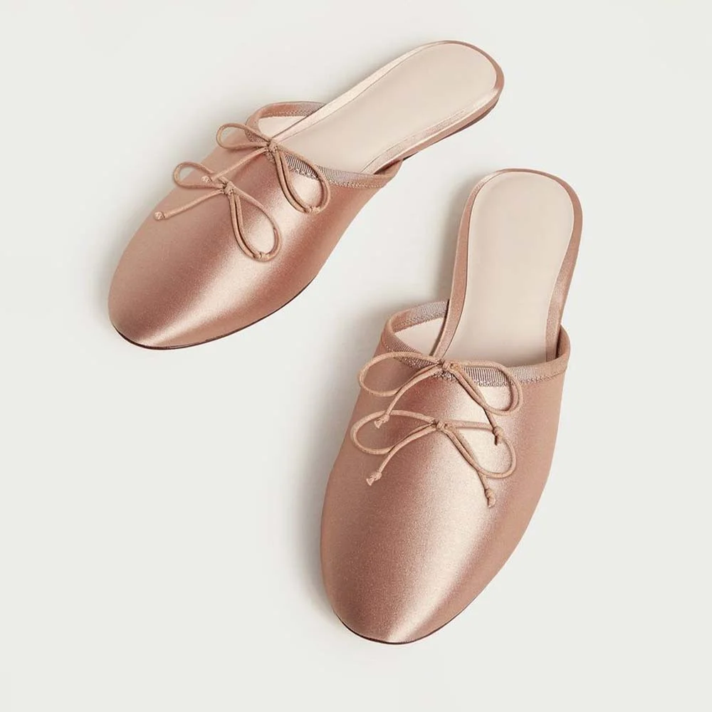Champagne Round Toe Satin Mules With Bow Lace Up Decor Flats Nicepairs