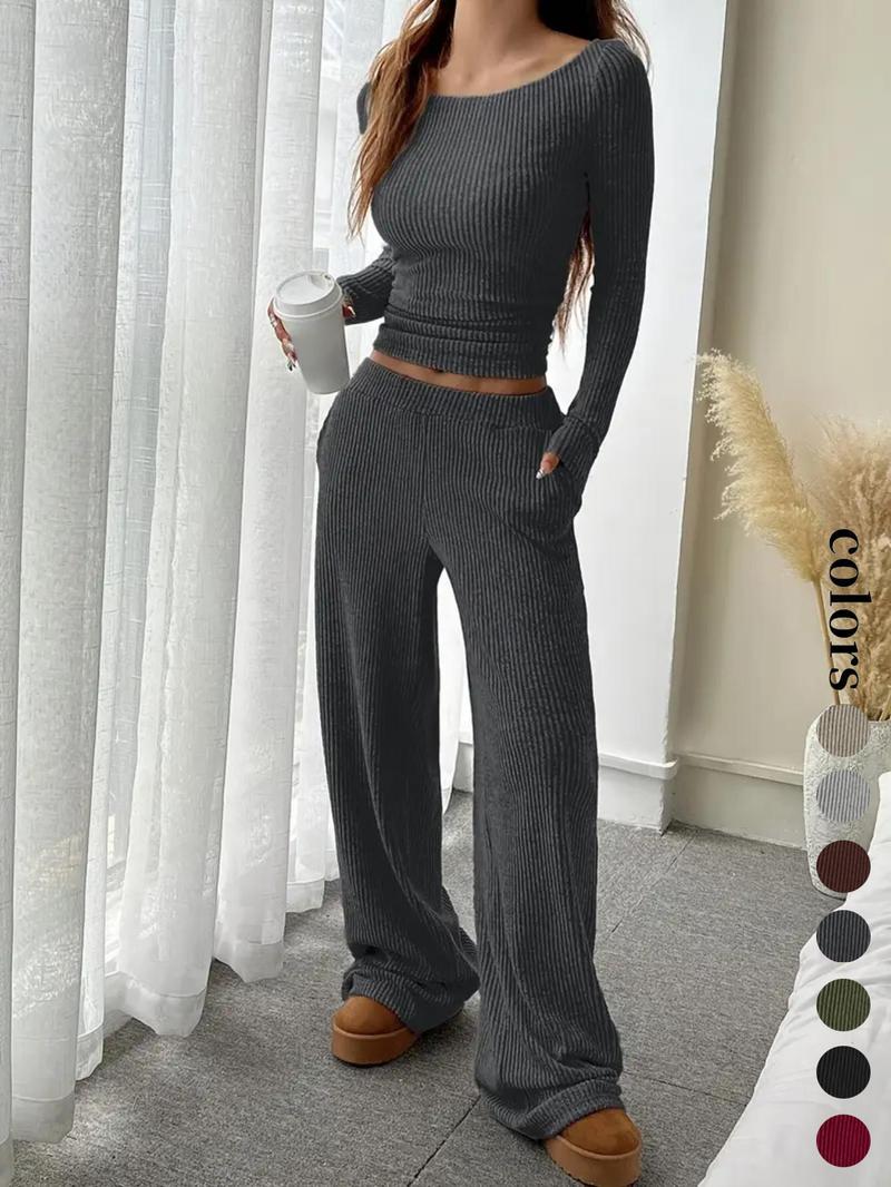 Women's Casual Striped Long Sleeve Top & Loose Pocket Pants Set, European Style Womenswear, Comfortable for Daily Wear Women's Casual Striped Long Sleeve Top & Loose Pocket Pants Set, European Style Womenswear, Comfortable for Daily Wear