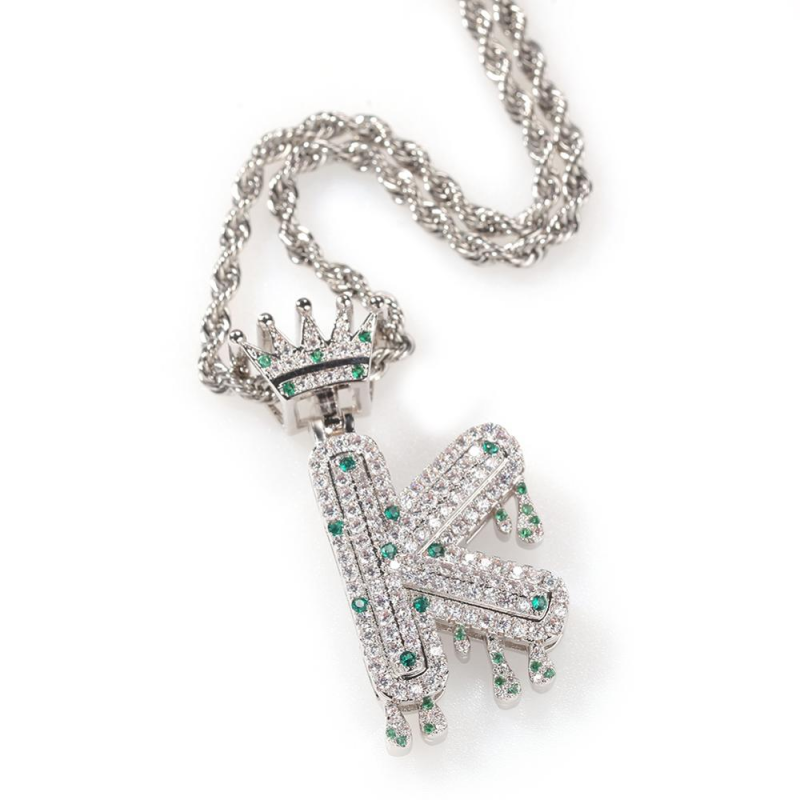Iced Out Water Drip Initial Letter with Crown Pendant Necklace-VESSFUL