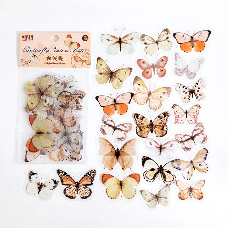 JOURNALSAY 40 Pcs Kawaii Colorful Butterfly Retro Transparent Journal PET Sticker Pack