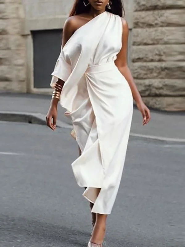 Asymmetric Split-Side One-Shoulder Midi Dresses