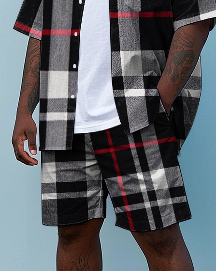 Men's Big Size Simple Classic Black Plaid Printed Daily Casual Short Sleeve Shirt and Shorts Set