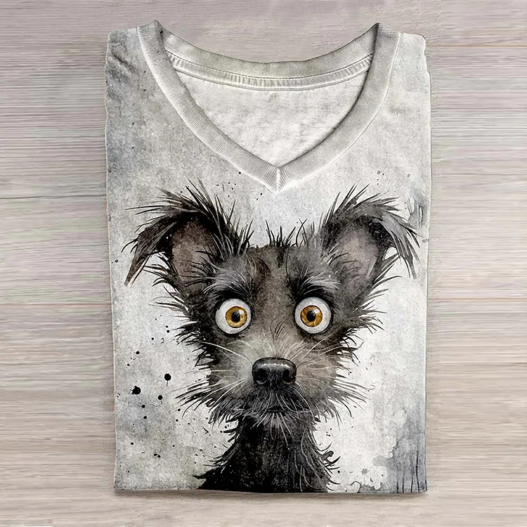 Lässiges T-Shirt mit lustigem Hunde-Tinten- und Aquarell-Kunstdruck