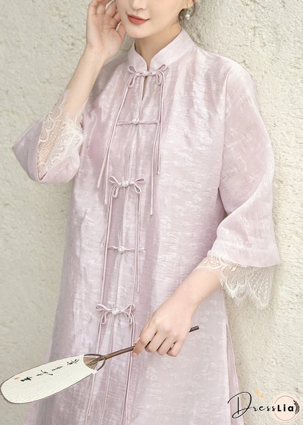 Vintage Purple Tasseled Chinese Button Lace Patchwork Silk Dress Fall