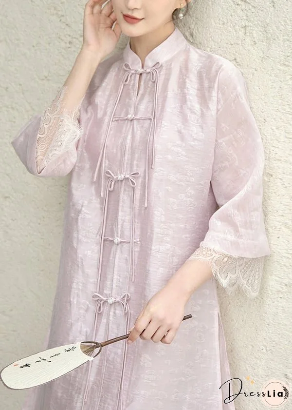 Vintage Purple Tasseled Chinese Button Lace Patchwork Silk Dress Fall