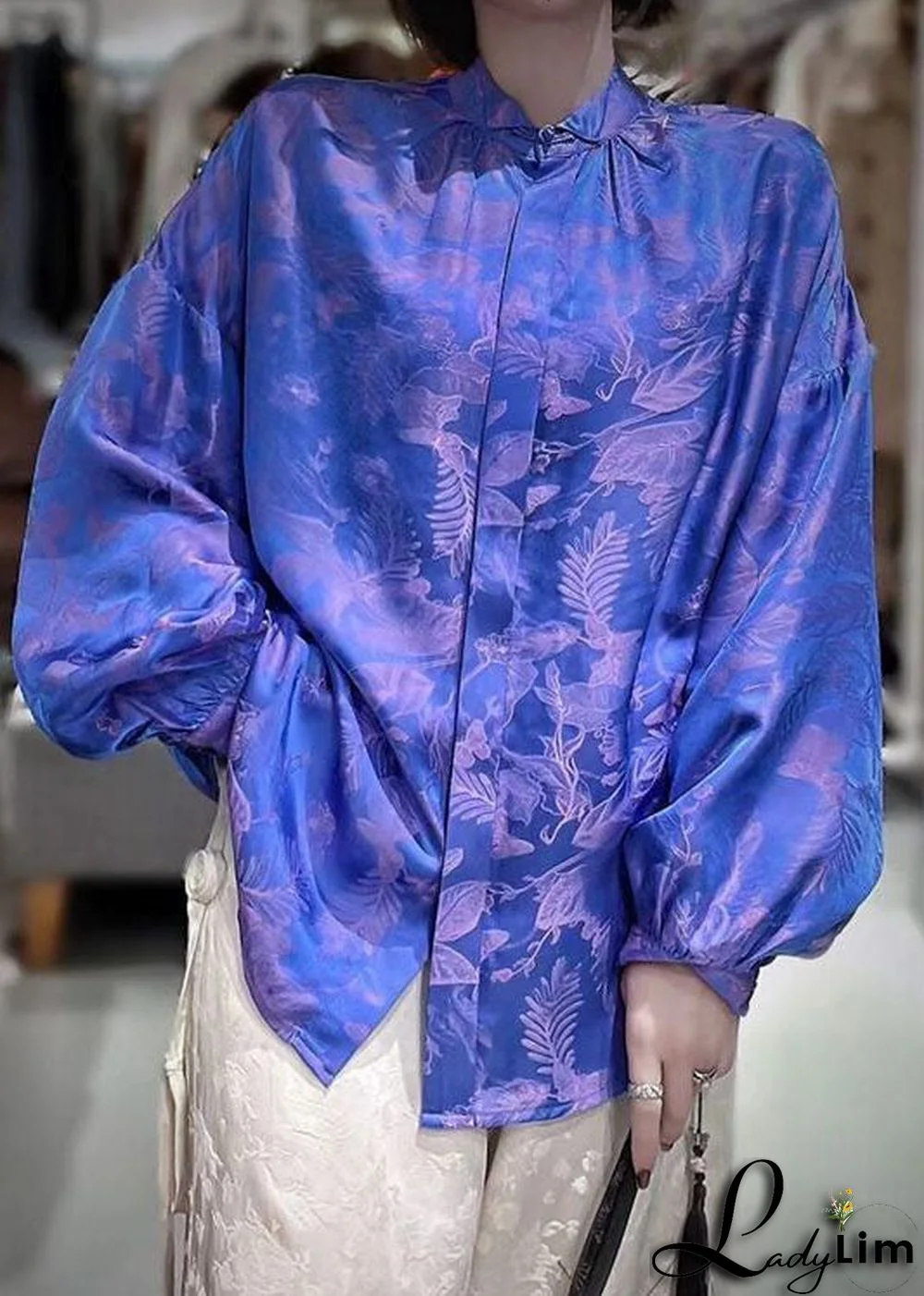 Beautiful Green Stand Collar Patchwork Jacquard Silk Blouses Fall