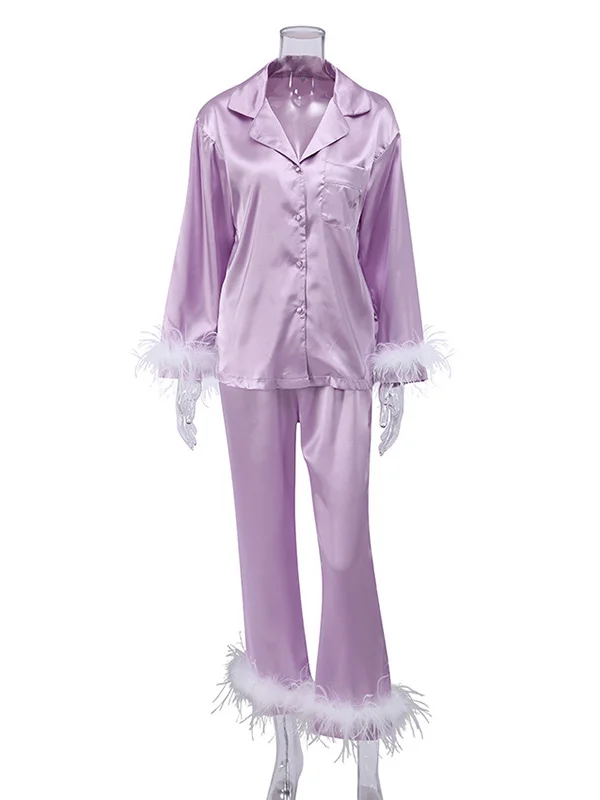 Notched Collar Long Sleeves Buttoned Feathers Split-Joint Shirts Top + Pants Bottom Pajama Sets