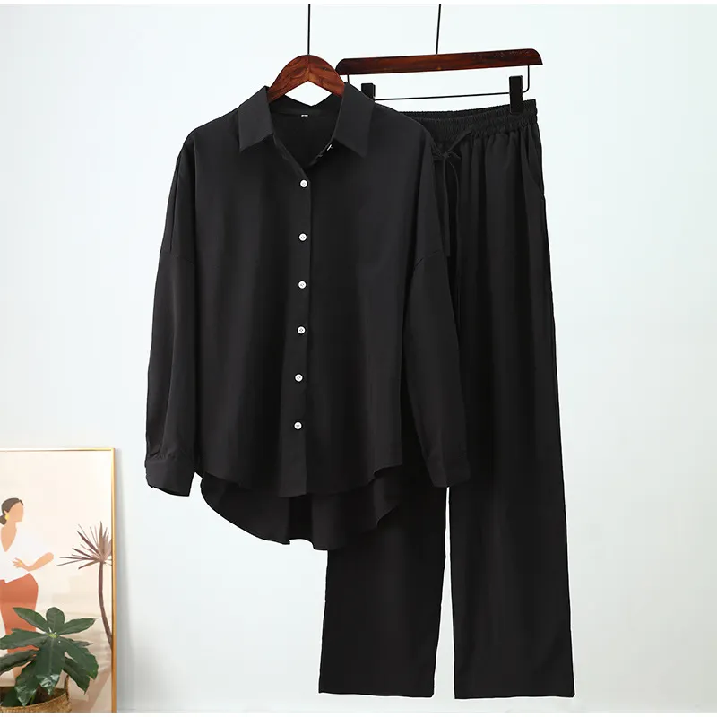Brownm Brownm Fashion Autumn And Winter New Loose Elastic Wrinkle Long-Sleeved Shirt Broad Leg Pants Casual Suit Women 2 Sets