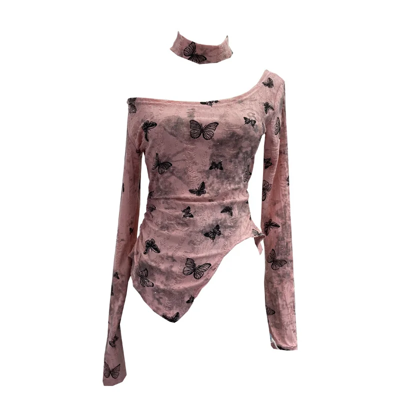 Brownm Pink Butterfly Hanging Neck To Make Old Hole Long-Sleeved T-Shirt Hottie Slanted Shoulder Slim Short Blouse 8002