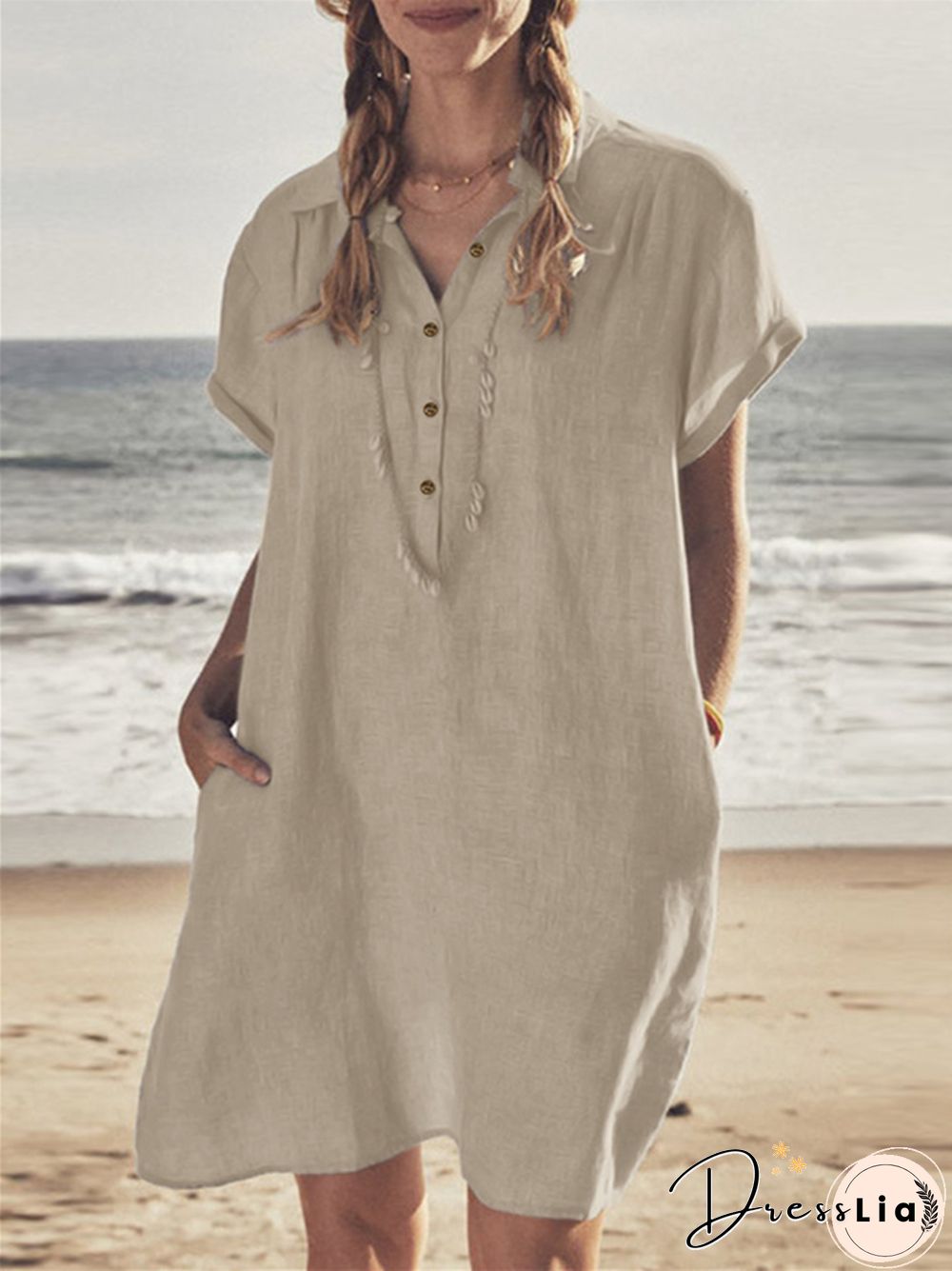 Cotton Linen Shirt Dress Pocket Dress Beach Casual Skirt