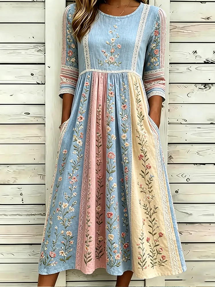 Vintage Pink Floral Art Embroidery Patchwork Comfortable Cotton Linen Distressed Crew Neck Dress