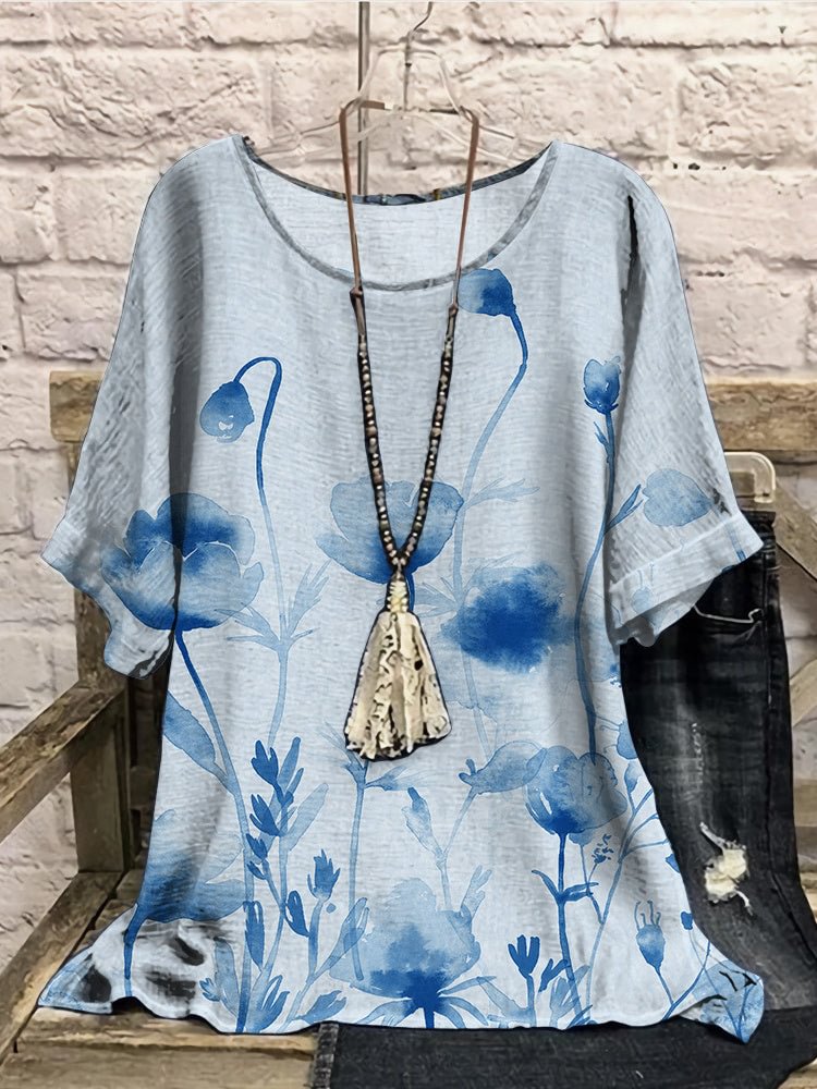 Women Half Sleeve Scoop Neck Floral Printed Colorblock Blue Women Tops
