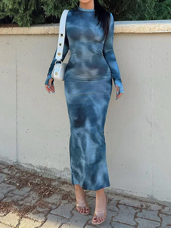 Bodycon Long Sleeves Split-Joint Tie-Dyed Round-Neck Maxi Dresses
