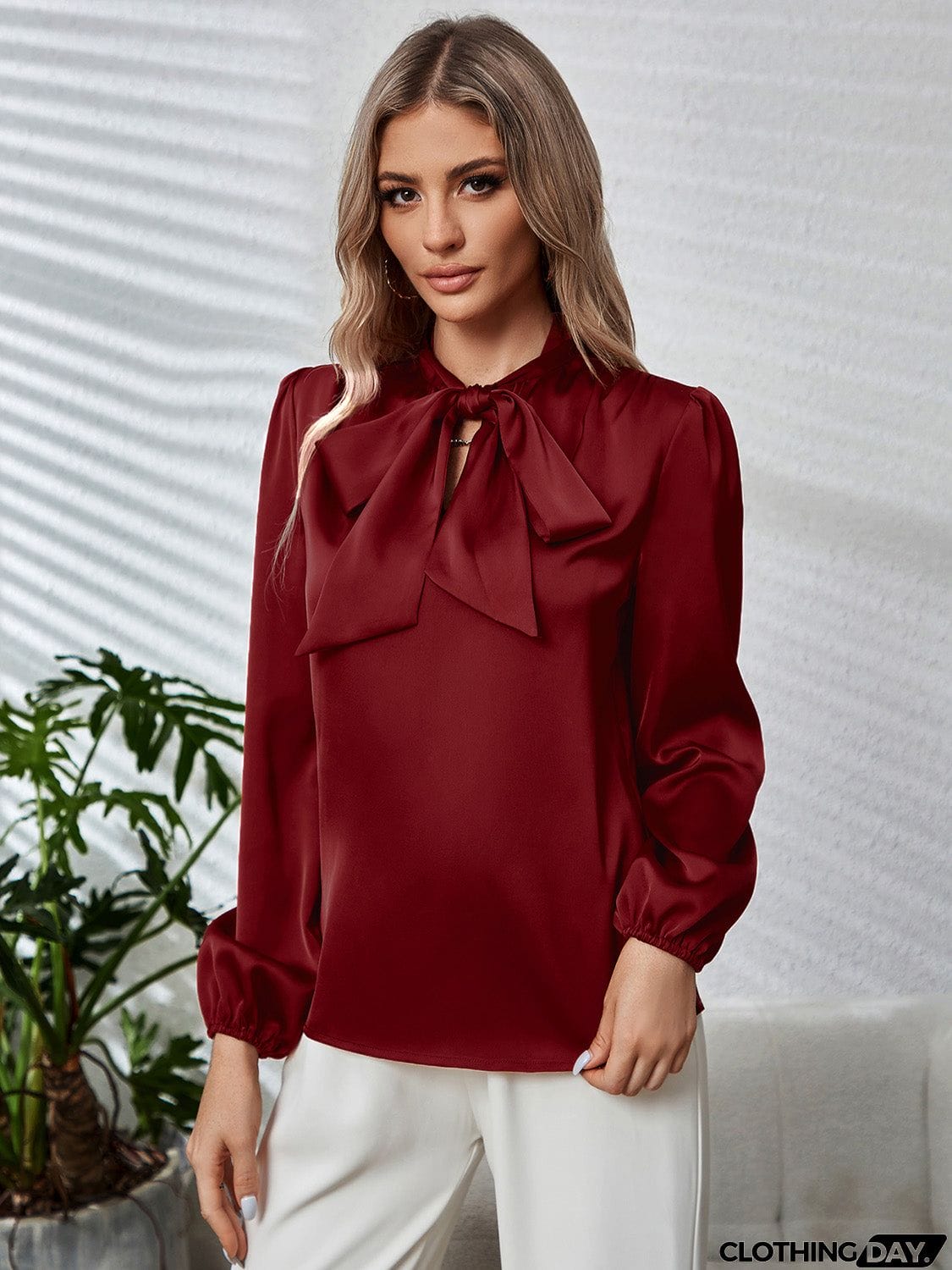 Tie Neck Long Puff Sleeve Blouse