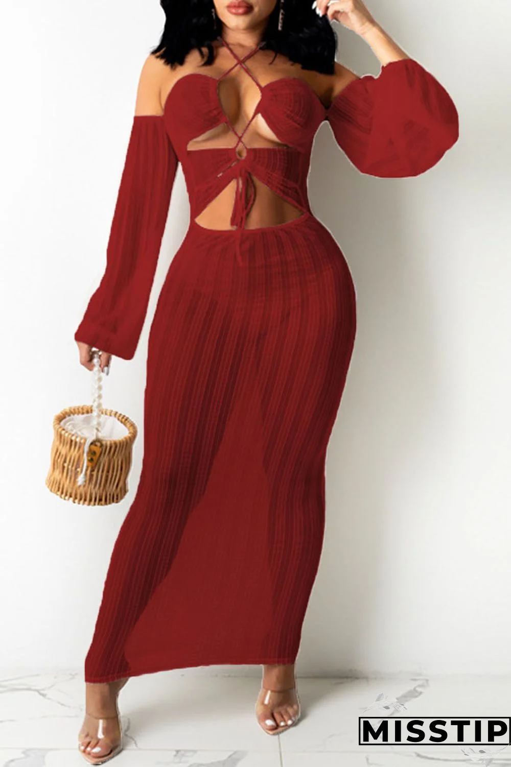 Burgundy Fashion Sexy Solid Hollowed Out Off the Shoulder A Line Dresses