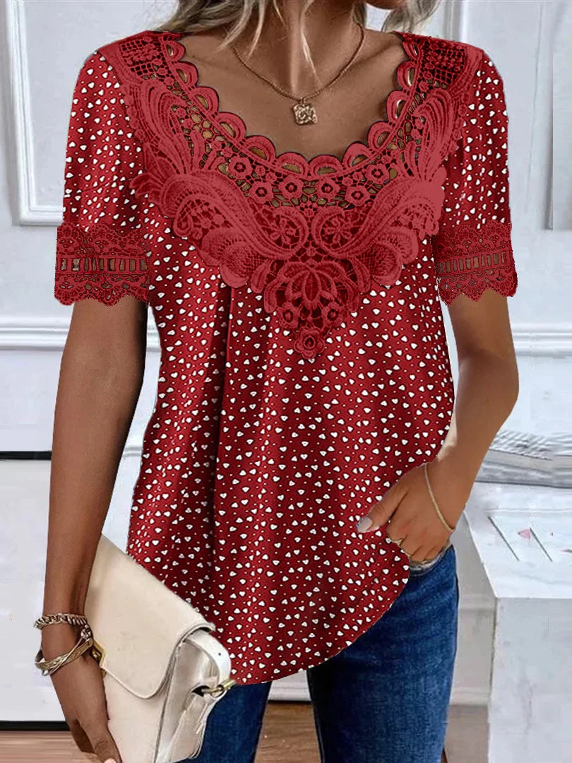 Women Short Sleeve Scoop Neck Polka Dot Printed Graphic Lace Tops