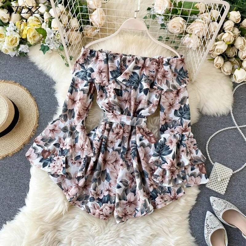 FTLZZ New Autumn Sweet Loose Flare Sleeve Floral Print Jumpsuits Sexy Slash Neck Off Shoulder Ruffled Chiffon Jumpsuits