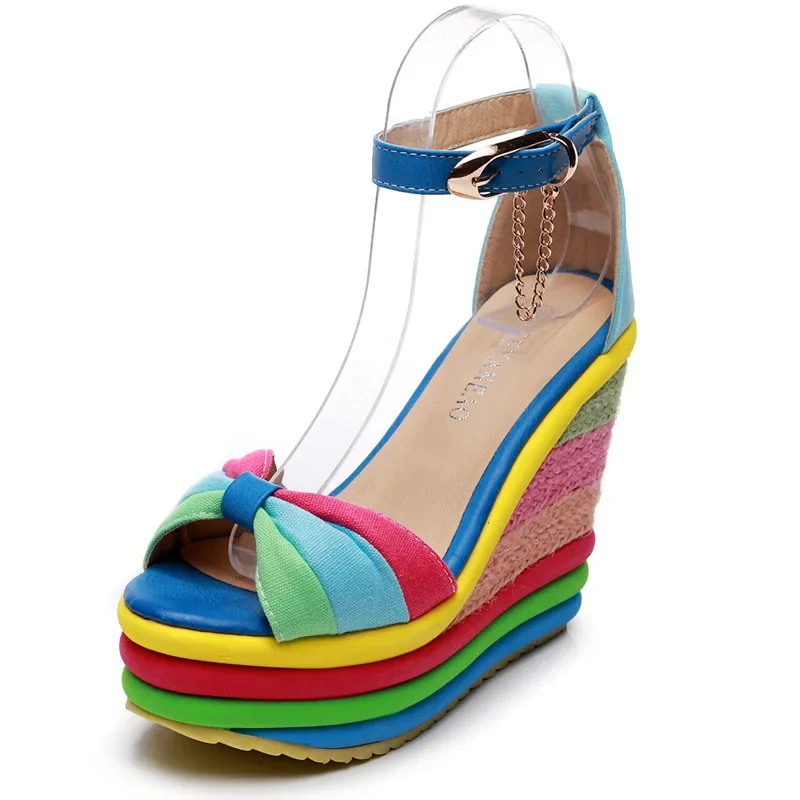 Tanguoant Tanguoant Women Sandals Female Wedges PU Round Shape Color Matching Slope Heel Increase Thick Bottom Non Slip Shoes 2024