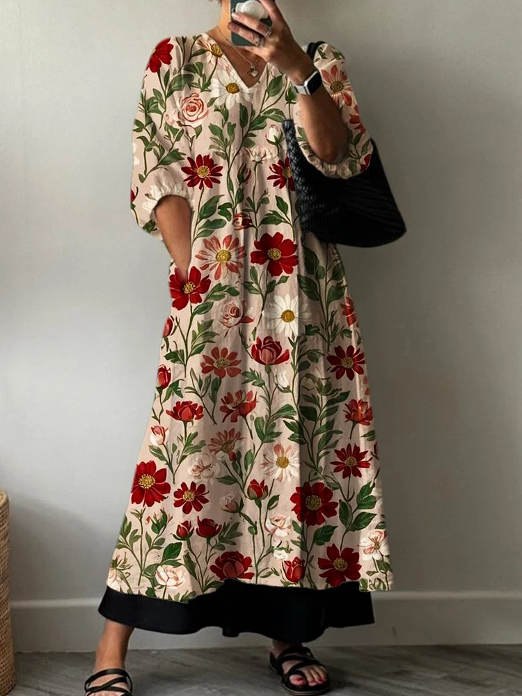 Vintage Floral Print Pocket V-neck Cotton Dress