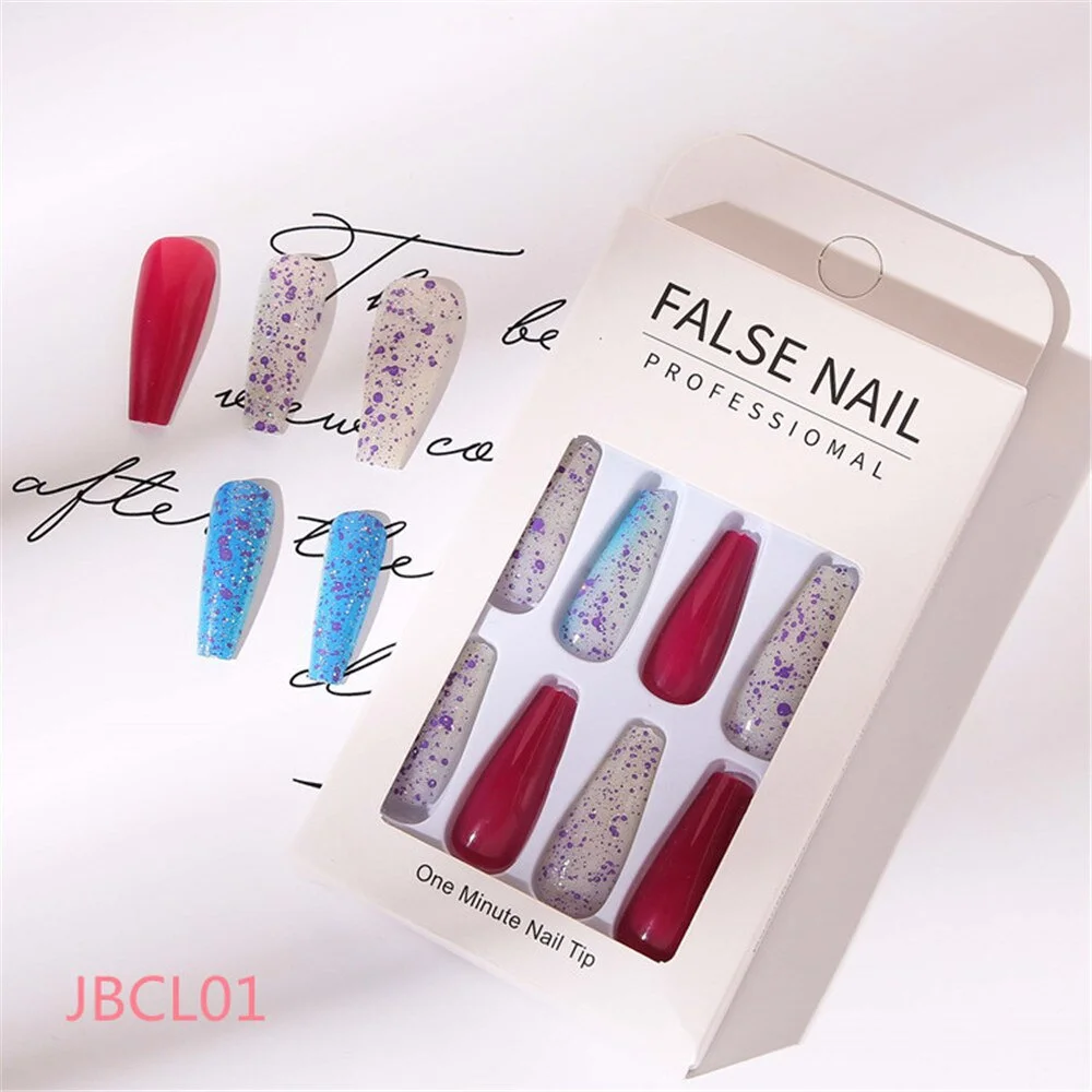 24 Pcs Long Design Ballet Coffin Fake Nails Sequins False Nail Artificial Plastic Press On False Nail Tips Manicure Nail Art