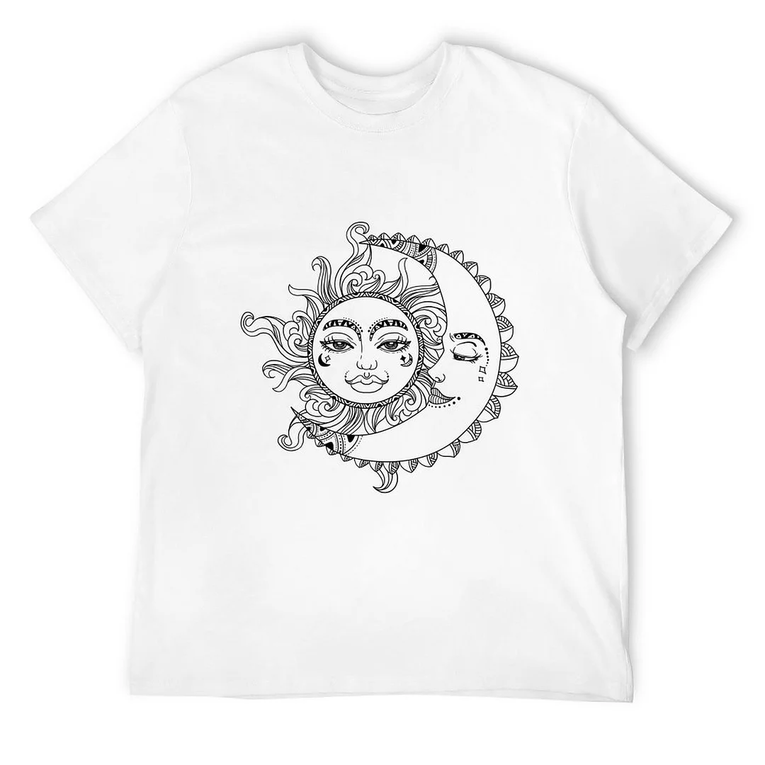 Women plus size clothing Printed Unisex Short Sleeve Cotton T-shirt for Men and Women Pattern Sun and Moon Painting-Nordswear