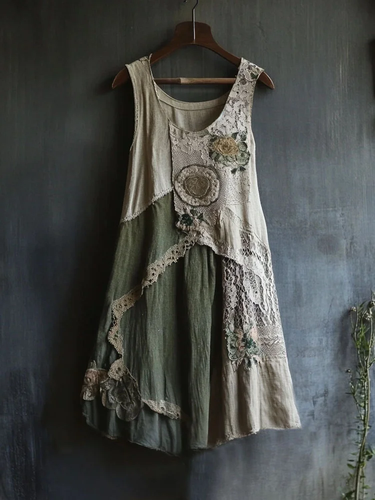 Retro Floral Lace Patchwork Comfy Linen Tank Dress