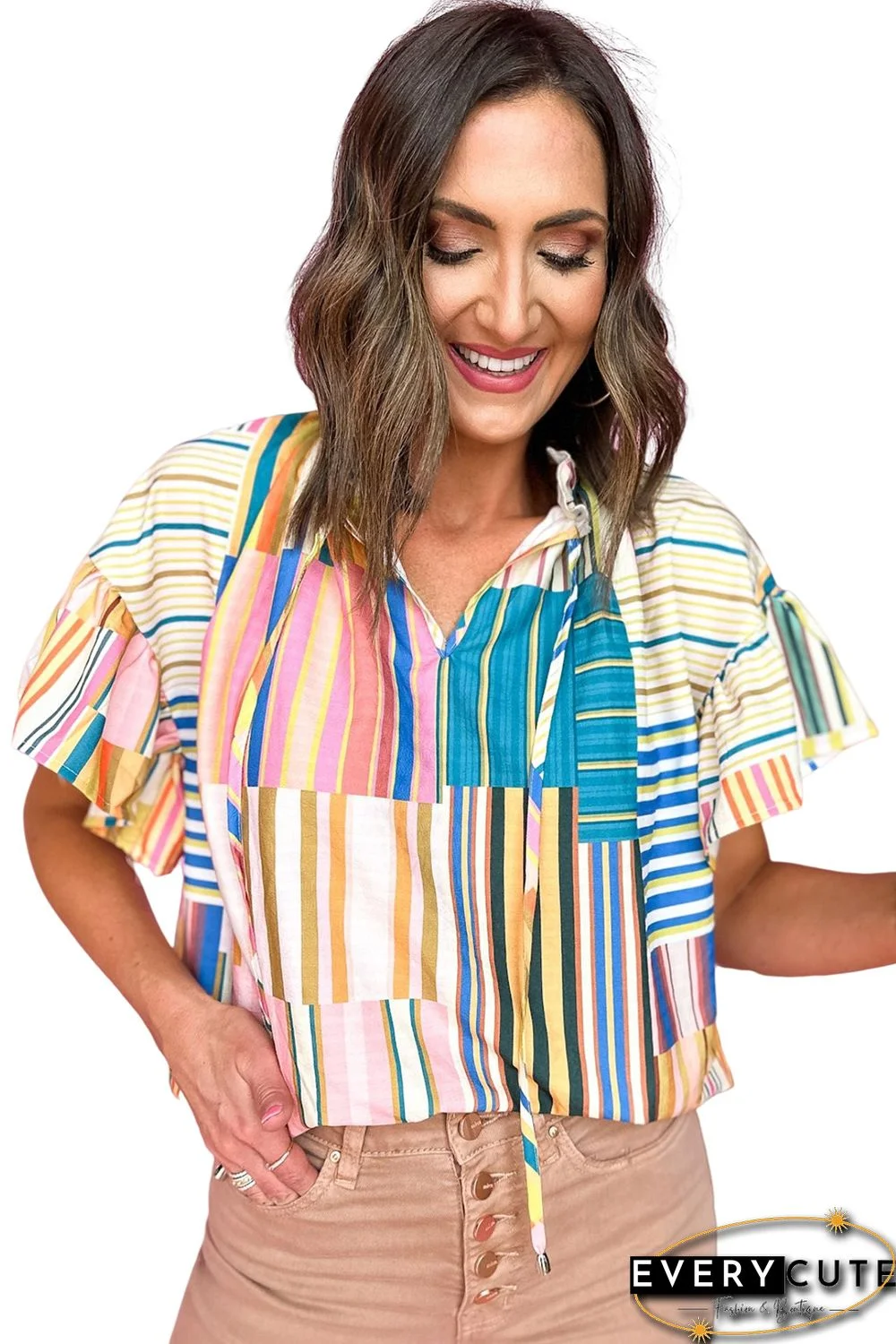 Multicolor Striped Printed Ruffle Short Sleeve Blouse