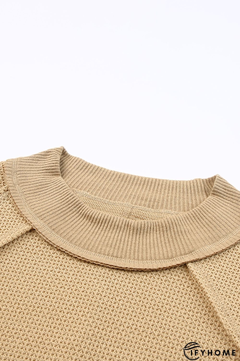 Khaki Waffle Knit Patchwork Oversized Pullover Sweatshirt | IFYHOME