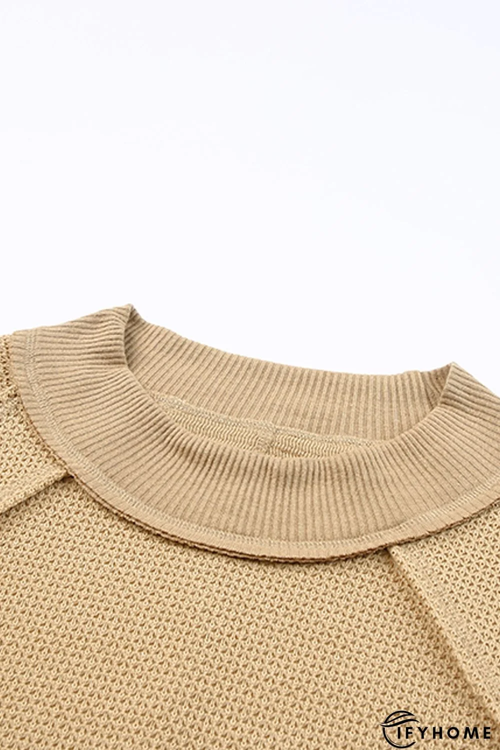 Khaki Waffle Knit Patchwork Oversized Pullover Sweatshirt | IFYHOME