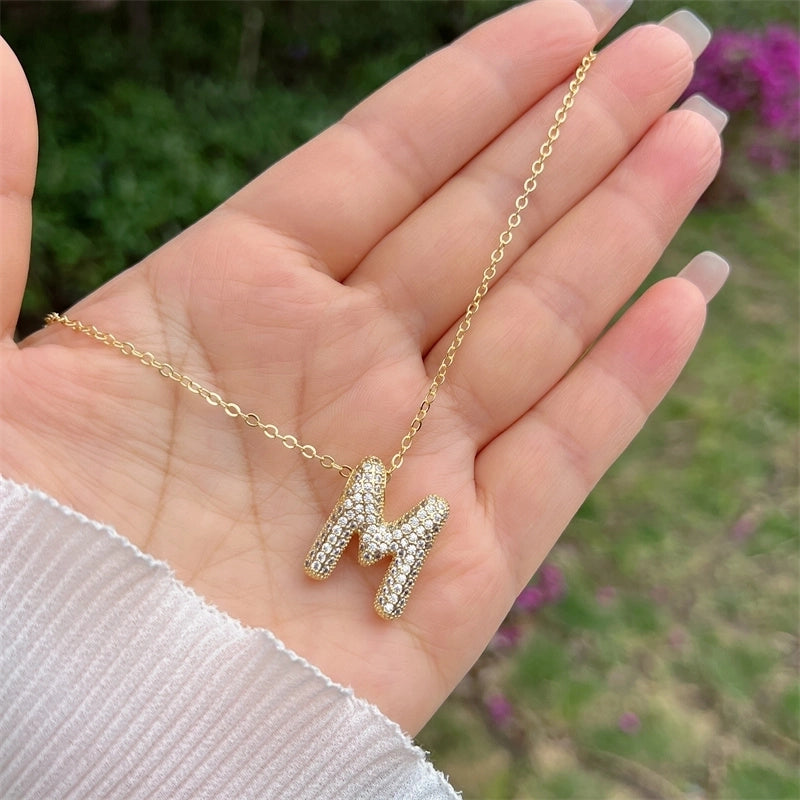 Copper 18K Gold Plated Hip-Hop Minimalist Classic Style Polishing Inlay Letter Zircon Pendant Necklace