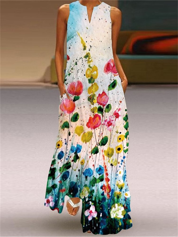 Artwishers Floral Painting Notch Neck Maxi Dress