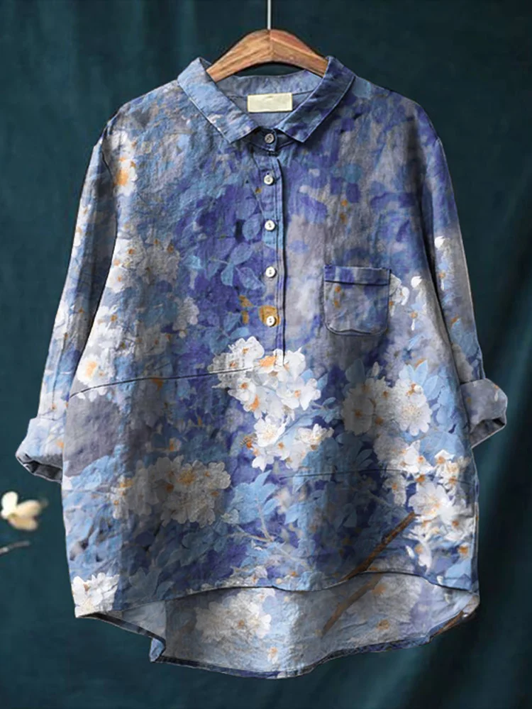 Comstylish Women's Retro Floral Print Casual Cotton and Linen Shirt