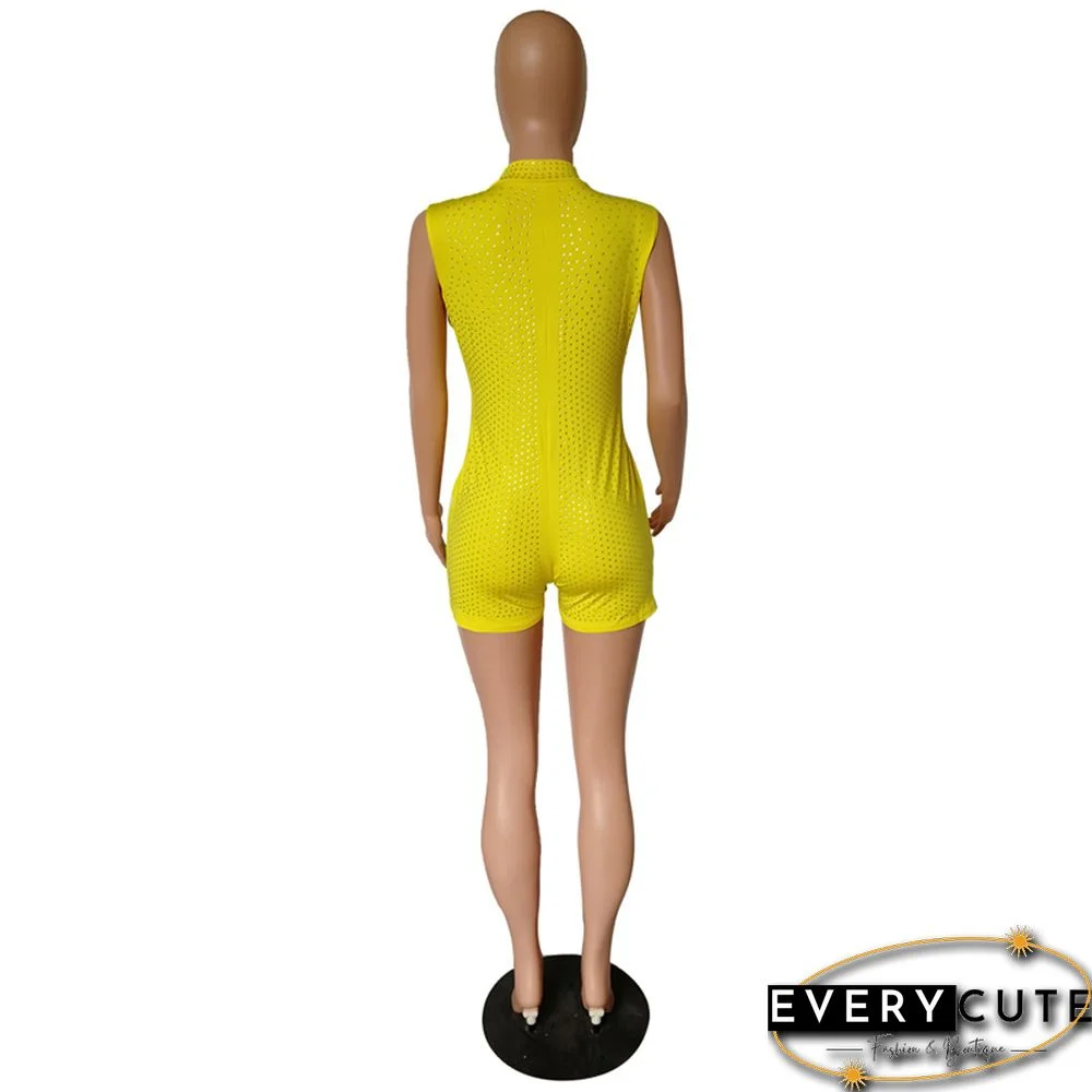 Yellow Deep Neck Rhinestone Jumpsuit