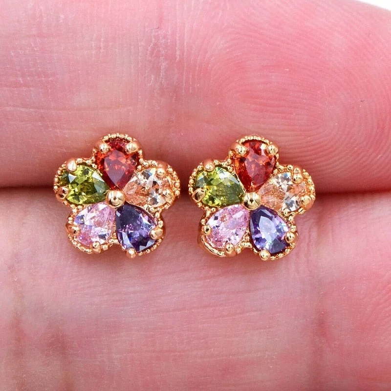 Shiny Metal Gold Plated Inlaid Multicolor Zircon Stud Earrings Small Ladies Popular Versatile Stud Earrings
