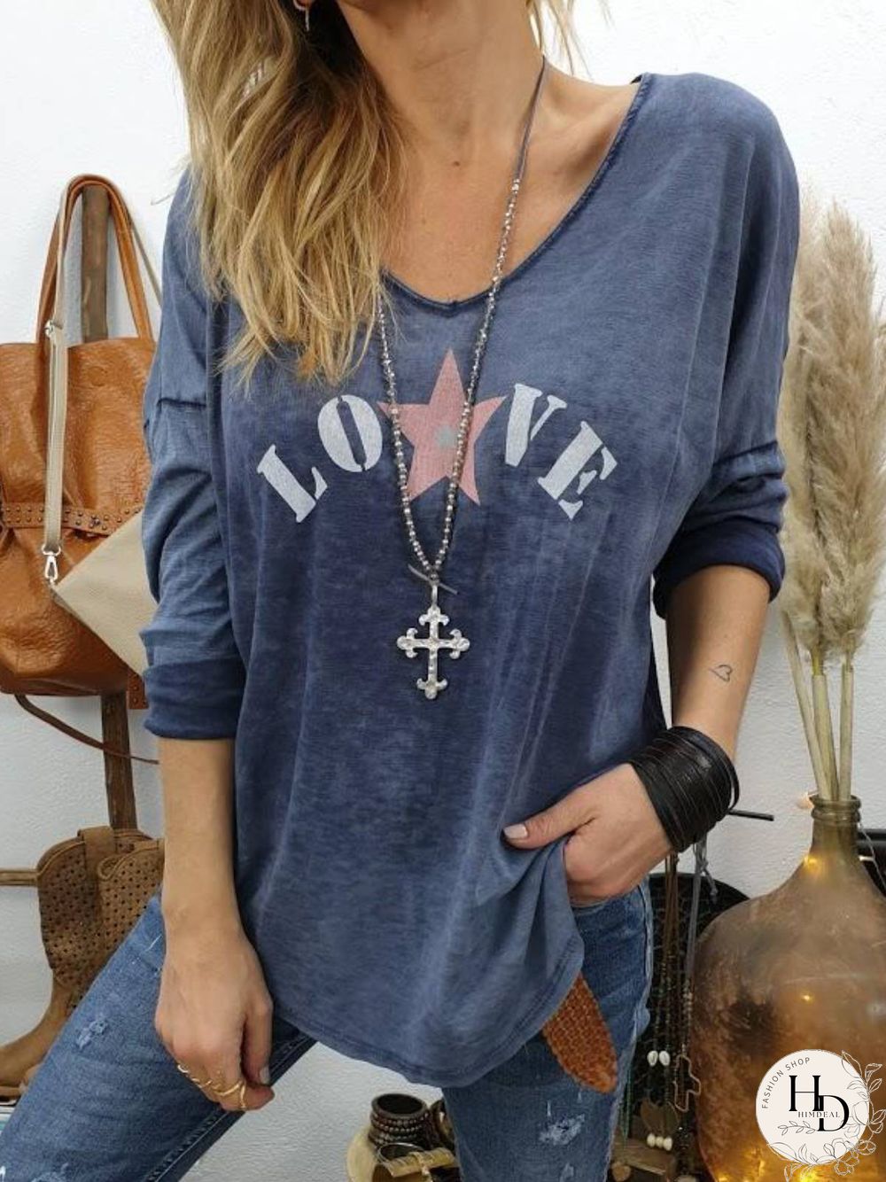 Letter Printed V Neck Casual Star Tops