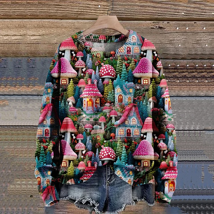 Tree And Mushroom Art Print Knit Pullover Sweater