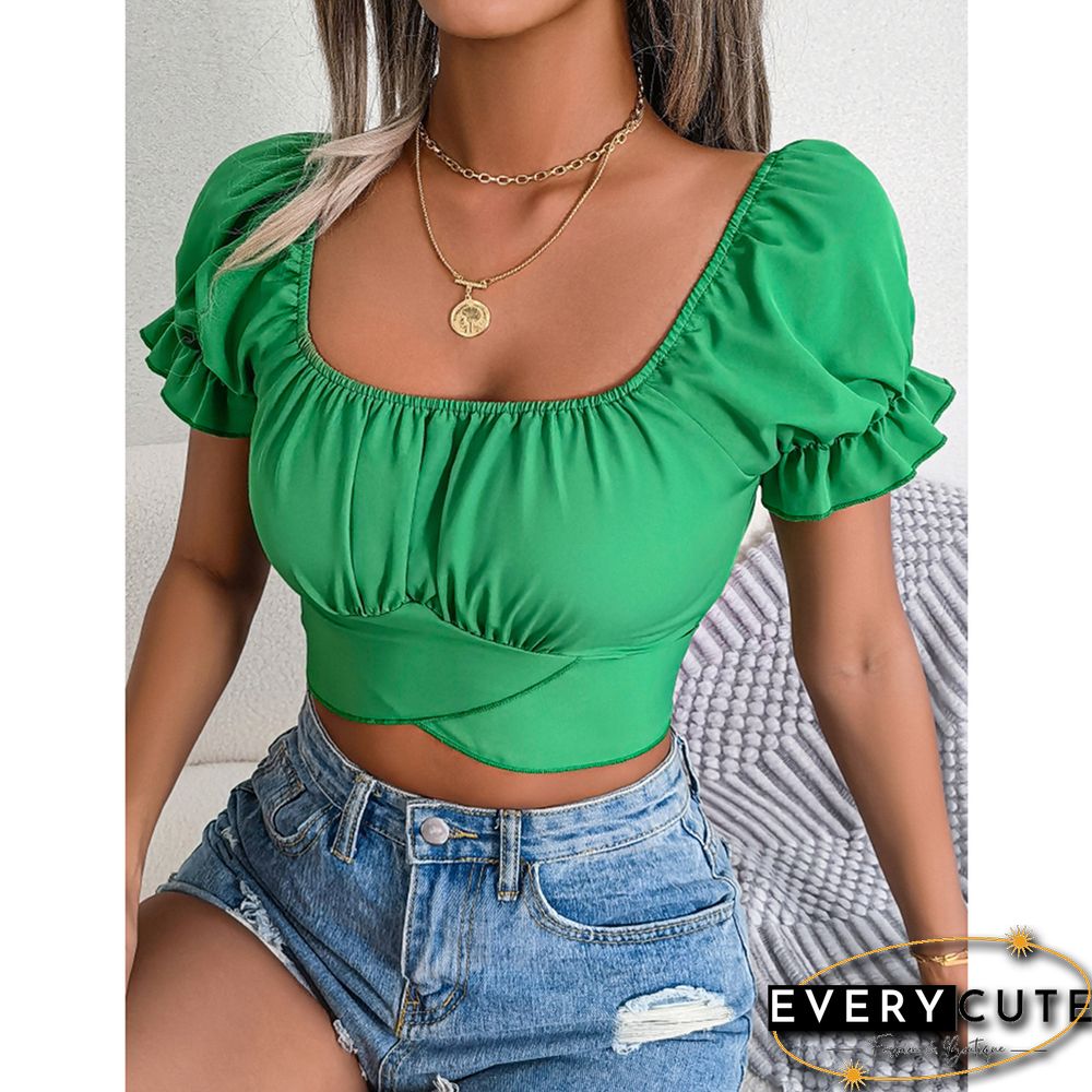 Green Back Lace-up Slim Waist Chiffon Crop Tops