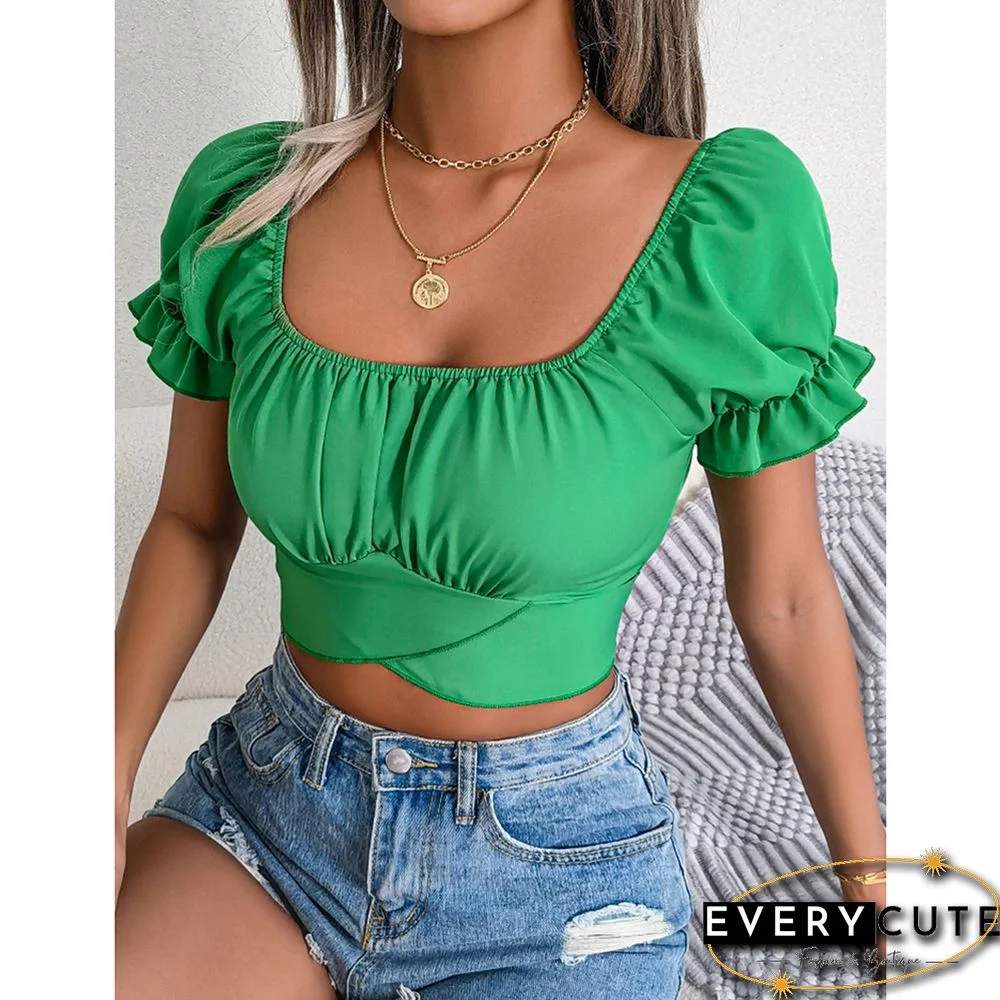 Green Back Lace-up Slim Waist Chiffon Crop Tops